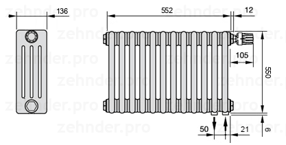 Схема (чертеж) Радиатор Zehnder Charleston 4055/12 №V002 Белый глянцевый RAL 9016
